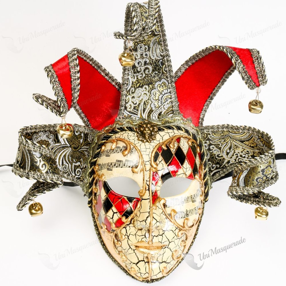Medieval-inspired Crackle Jester Venetian Mask with Musical Joker Flair, Featuri